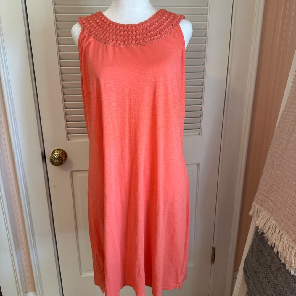 Coral Sleeveless Dress with Beaded Neckline